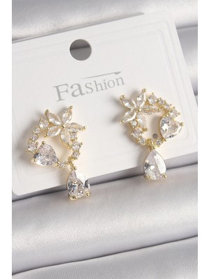 Belle Fusion Bfs Pirinç Gold Renk Zirkon Taşlı Çiçek Model Sallantı Damla Detay Kadın Küpe