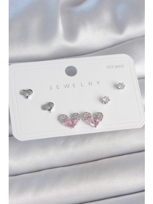 Belle Fusion Bfs Pirinç Gümüş Renk Pembe Zirkon Taşlı Kalp Model 925 Ayar Gümüş Çivi Kadın Küpe Seti