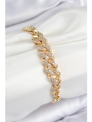 Belle Fusion Bfs Pirinç Zirkon Taşlı Küba Zincir Model Gold Renk Kadın Bileklik