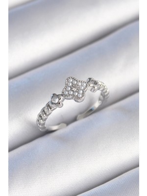 Belle Fusion Bfs Pirinç Gümüş Renk Incili Yonca Model Zirkon Taş Detaylı Kadın Yüzük