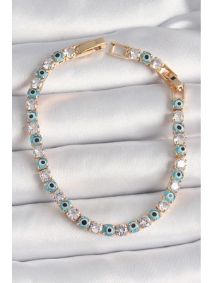 Belle Fusion Bfs Pirinç Gold Renk Su Yolu Zirkon Taşlı Nazar Boncuklu Kadın Bileklik