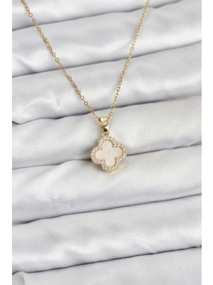 Belle Fusion Bfs 316L Çelik Zincir Gold Renk Sedefli Yonca Kadın Kolye