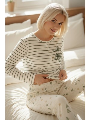 Bravie Üstü Yazılı Altı Çam Ağacı Desenli Elite Viscose Pijama Takımı Uzun Ekru 3568