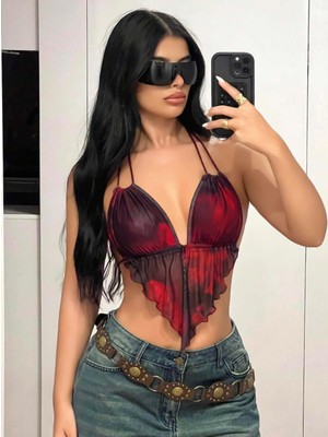 Beruflic Kırmızı Siyah Desenli Ince Askılı Üçgen Kesim Crop