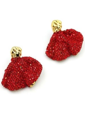 Royaleks Dalgalı Taşlı Küpe - Kırmızı