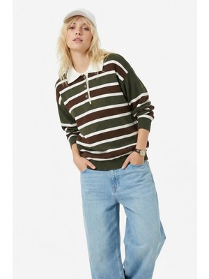 Rays 1018 Polo Yaka Çizgili Sweat Haki