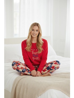 Bravie Luxury Thermal Happy New Year Desenli Kadın Polar Kışlık Pijama Takımı – 42049