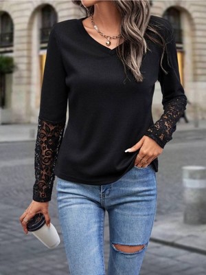 byasafkids Kadın Uzun Kollu V Yakalı Dantelli Waffle Bluz