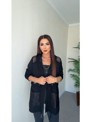 The Kethen Kadın Uzun Kollu Önü Fermuarlı File Detaylı Belden Bağcıklı Kısa Modal Ceket