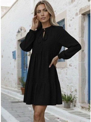 byasafkids Kadın Uzun Kollu Yakadan Bağcıklı Fırfırlı Keten Mini Elbise