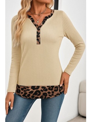 byasafkids Kadın Uzun Kollu Yakadan Düğmeli Leopar Detaylı Kaşkorse Bluz
