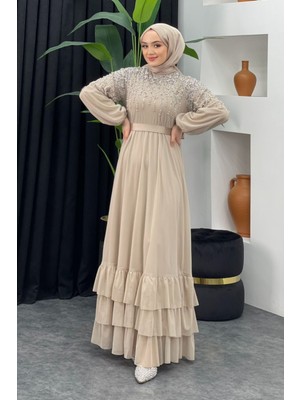 Tesettür Diyarı Mona Inci Detaylı Altı Kat Kat Tül Tesettür Abiye- Bej