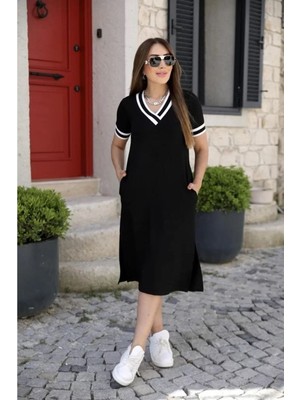 byasafkids Kadın Kısa Kollu V Yaka Kol ve Yaka Ribana Detay Midi Boy Viskon Elbise