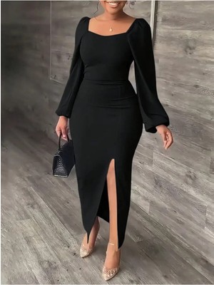 byasafkids Kadın Uzun Kollu Geometrik Yakalı Yandan Yırtmaçlı Uzun Janjan Krep Elbise