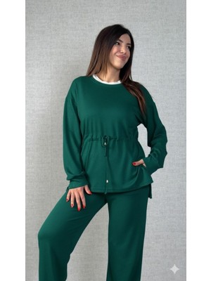 The Kethen Kadın Uzun Kollu Bisiklet Yaka Belden Büzgülü Bağcıklı Viskon Iki Iplik Bluz ve Pantolon Ikili Takım