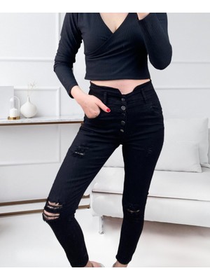 byasafkids Kadın 5 Düğmeli V Detay Bel Yırtık Kot