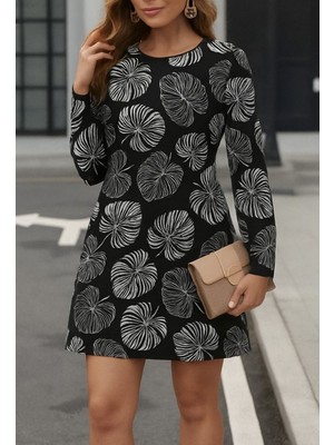 byasafkids Kadın Uzun Kollu Bisiklet Yaka Desenli Kısa Krep Elbise