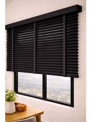 Volper Mekanik NJ-2410  Siyah Renk %100 Gerçek Ahşap Jaluzi Perde 50 mm Zincirli Redüktörlü Kurdelalı