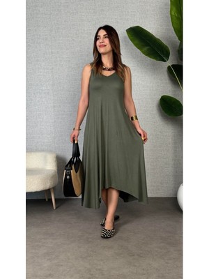 byasafkids Kadın Çan Dokuma Kumaş V Yaka Asimetrik Kesim Elbise