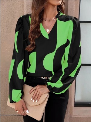 byasafkids Kadın Uzun Kollu V Yakalı Desenli Modal Bluz