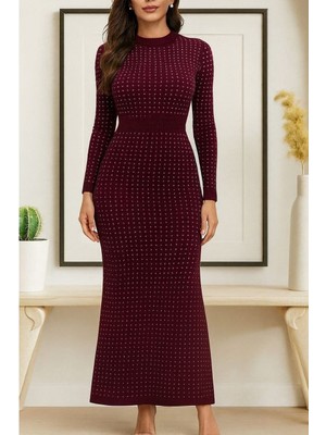 byasafkids Kadın Uzun Kollu Bisiklet Yaka Taşlı Midi Kadife Elbise