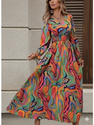 byasafkids Kadın Uzun Kollu V Yakalı Desenli Maxi Süprem Elbise