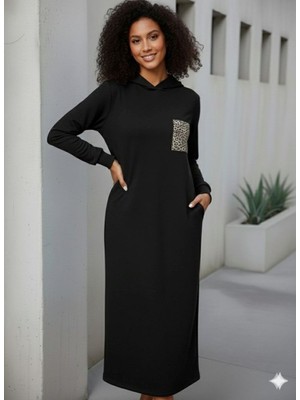 byasafkids Kadın Uzun Kollu Kapşonlu Cep Detaylı Viskon Iki Iplik Maxi Elbise