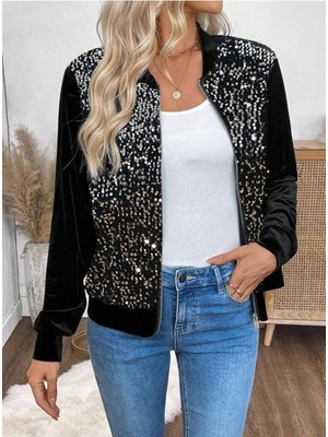 byasafkids Kadın Uzun Kollu Önü Açık Fermuarlı Pulpayetli Kadife Ceket