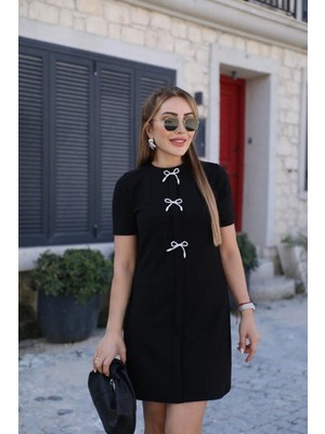 byasafkids Kadın Kısa Kollu Bisiklet Yaka Önden Fiyonk Detaylı Ithal Krep Elbise
