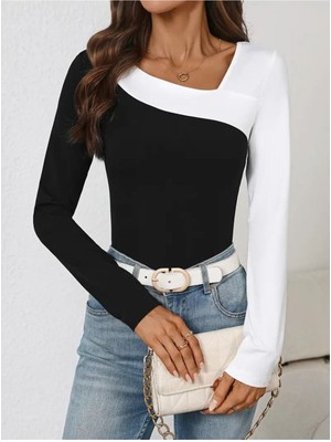 byasafkids Kadın Uzun Kollu Geometrik Yaka Detaylı Çift Renkli Viskon Bluz