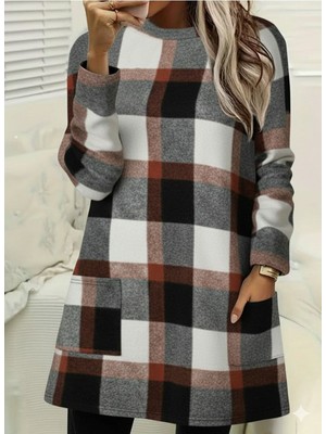 byasafkids Kadın Uzun Kollu Yarı Balıkçı Yakalı Cep Detaylı Ekoseli Dokuma Tunik