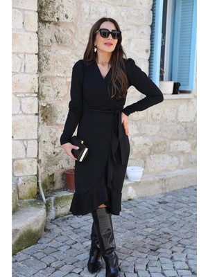 byasafkids Krep Kumaş Midi Boy Kuşaklı Uzunkol Elbise 113 cm