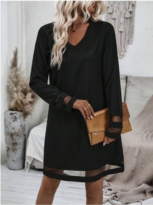 byasafkids Kadın Uzun Kollu V Yakalı Tül Şerit Detaylı Mini Krep Elbise