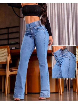 byasafkids Kadın Yüksek Bel Yanları Lastik Önü Düğmeli Kot Pantolon