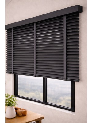 Volper Mekanik NJ-2409  Antrasit Renk %100 Gerçek Ahşap Jaluzi Perde 50 mm Zincirli Redüktörlü Kurdelalı