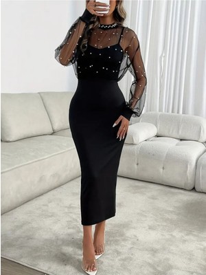 byasafkids Kadın Uzun Kollu Halka Yaka Tül Inci Detaylı Uzun Ithal Krep Elbise