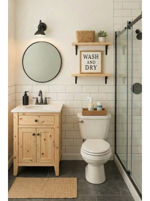 Adn Dizayn Adndesing Banyo Dolabı-Ayaklı Iki Kapaklı-Doğal Ahşap Ladin Çam- 80 Cm-Aynalı