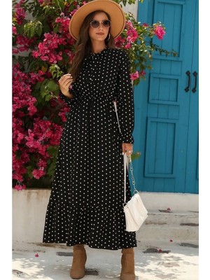 byasafkids Kadın Uzun Kollu Yakası Bağcıklı Uzun Puantiyeli Krep Maxi Elbise