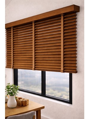 Volper Mekanik NJ-2405 Ceviz Renk %100 Gerçek Ahşap Jaluzi Perde 50 mm Zincirli Redüktörlü Kurdelalı