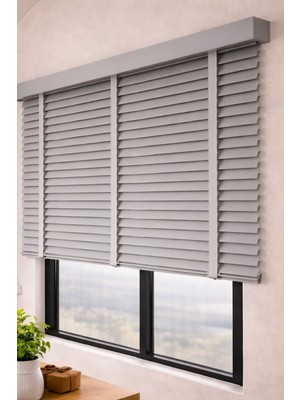 Volper Mekanik NJ-2408  Gri Renk %100 Gerçek Ahşap Jaluzi Perde 50 mm Zincirli Redüktörlü Kurdelalı