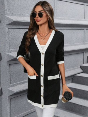 byasafkids Kadın Uzun Kollu Cepli Önden Düğmeli Uzun Modal Ceket Hırka