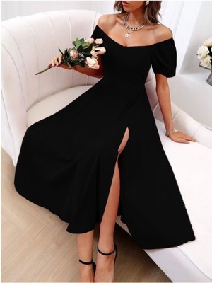 byasafkids Kadın Kısa Kollu Kare Yakalı Yırtmaçlı Midi Janjan Krep Elbise