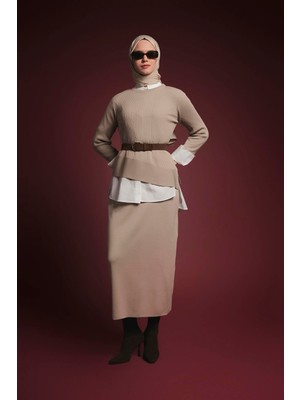 Armine Trend Asimetrik Kesim Çizgi Detaylı Etekli Triko Ikili Takım Koyu Taş 25YTD6119