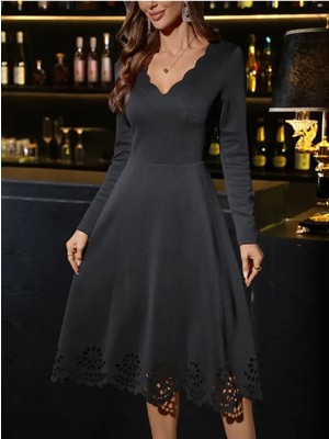 byasafkids Kadın Uzun Kollu V Yakalı Lazer Kesim Detaylı Midi Ithal Krep Elbise