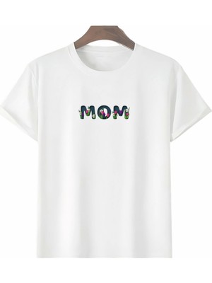 byasafkids Anneler Gününe Özel Tasarım Mom Çiçek Baskılı T-Shirt - Beyaz
