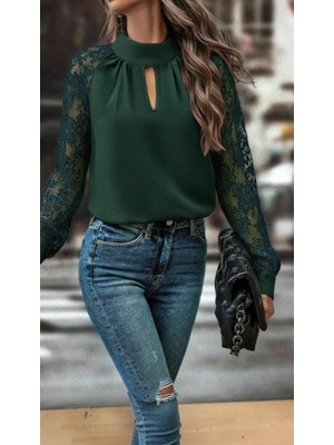 byasafkids Kadın Uzun Kollu Göğüs Pencere Detay Yaka Boğazlı Kolları Tüllü Sandy Bluz