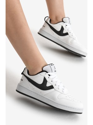 Tonny Black Kadın Beyaz Siyah Termo Taban Şerit Detaylı Bağcıklı Spor Ayakkabı