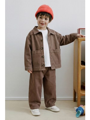 Magu Erkek Çocuk Pamuklu Kahverengi Ceket Pantolon Takım - Kısa Kollu T-Shirtlü 3'lü