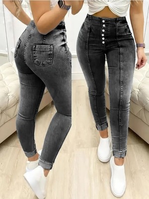 byasafkids Kadın Yüksek Bel Önden Düğmeli Jean Pantolon