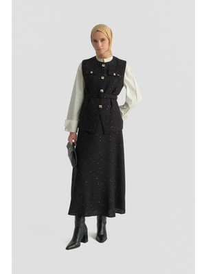 Armine Trend Gold Düğmeli Cep Detaylı Kemerli Etekli İkili Takım Siyah 25KT688
